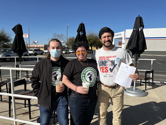 Democratic U.S. House candidate Greg Casar poses with workers from San Antonio's first unionized Starbucks. - Twitter / @GregCasar