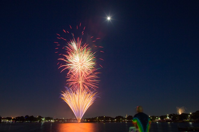 Fireworks explode over Woodlawn Lake. - Oscar Moreno for San Antonio Parks Foundation