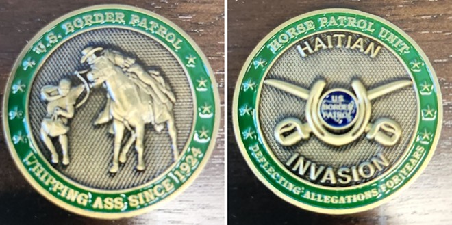 One side of the coin depicts a mounted U.S border patrol agent wrangling a Haitian migrant. - Twitter / @haleaziz