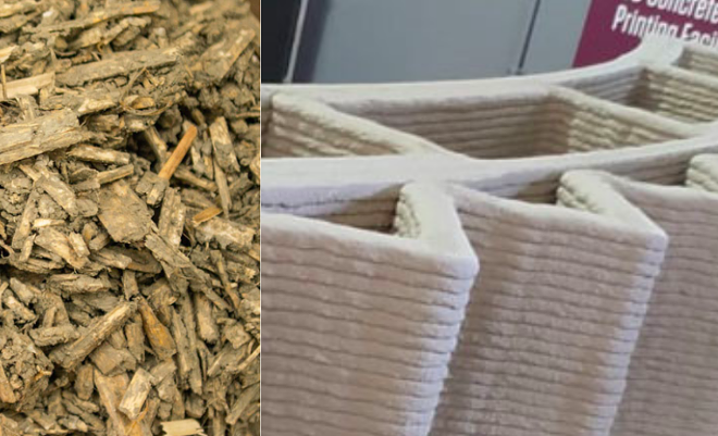 Hemp fibers (left) can be combined with lime and water to produce a green building material called "hempcrete" (right). - Courtesy Photo / Texas A&M