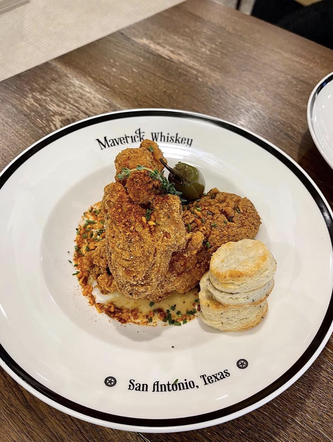 Maverick Whiskey's new medium-fried chicken, served with mashed potatoes and buttermilk biscuits.  - Photo courtesy of Maverick Whiskey