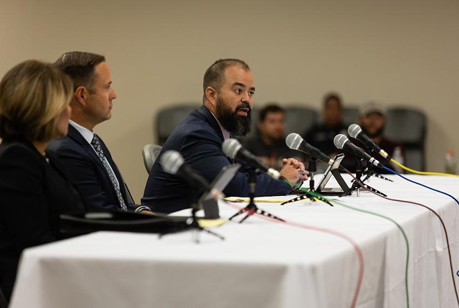 State Rep. Joe Moody, D-El Paso, speaks during a July 17 press conference at Uvalde's civic center hosted by the committee investigating the Robb Elementary shooting. - Texas Tribune / Evan L'Roy