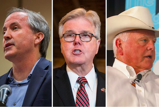 From left: Attorney General Ken Paxton, Lt. Gov. Dan Patrick and Texas Agriculture Commissioner Sid Miller. - Texas Tribune