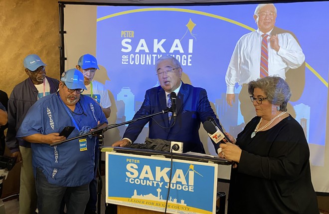 Peter Sakai gives a victory speech after his opponent conceded in the race for Bexar County judge. - Sanford Nowlin