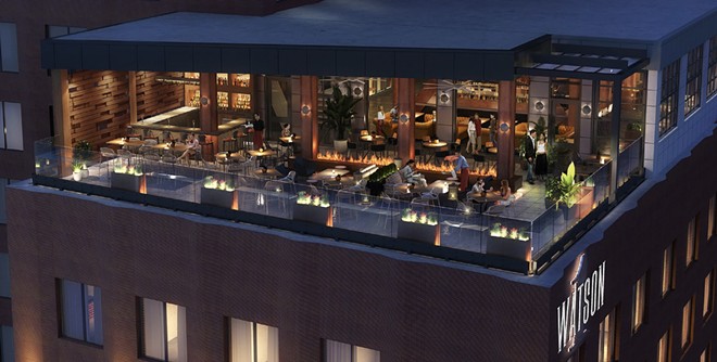 Renderings of the 3,472-square-foot rooftop bar 1 Watson show it offering views of the San Antonio River Walk, Main Plaza and San Fernando Cathedral. - Courtesy Photo / 1 Watson