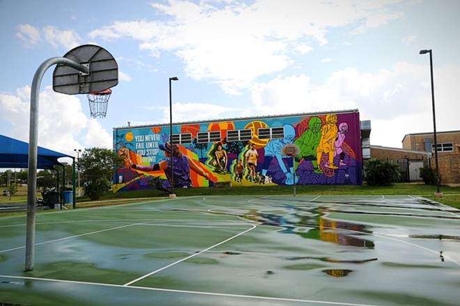 The mural Motivated Community by Adiana Garcia, Manola Ramirez and Maria Ramirez shows people engaged in sports. - Courtesy Photo / City of San Antonio Department of Arts & Culture