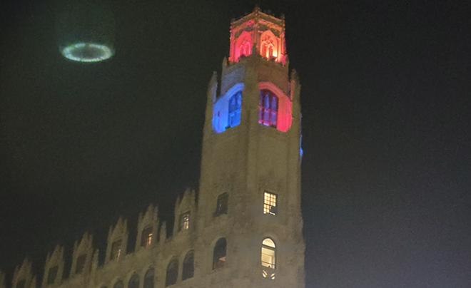 This photo allegedly shows a UFO hovering over San Antonio's Emily Morgan hotel on Sept. 23, 2022. - Courtesy Photo / National UFO Reporting Center