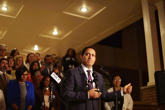 State Rep. Trey Martinez Fischer, D-San Antonio, speaks at a press conference at Mt. Zion Baptist Church near the state Capitol in Austin on May 30, 2021, after Democrats broke quorum in opposition to Senate Bill 7, a sweeping GOP voting bill. - Texas Tribune / Miguel Gutierrez Jr.