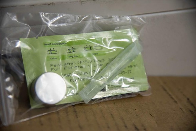 A fentanyl test kit in a storage unit in Dallas on Aug. 24. - Texas Tribune / Emil Lippe