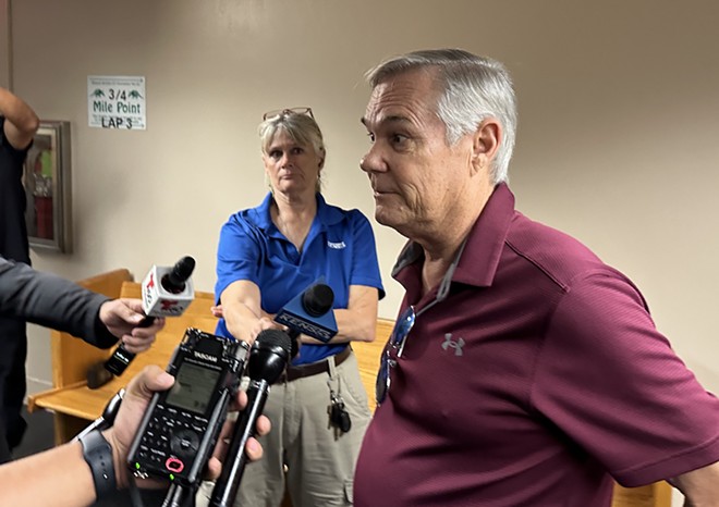 District 10 Councilman Clayton Perry speaks with reporters shortly after he posted bond for his arrest for failure-to-stop charges. - Michael Karlis