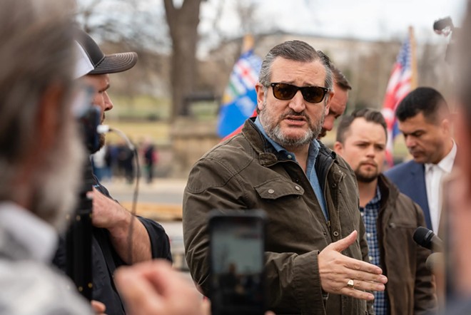 U.S. Sen. Ted Cruz speaks at a press conference with organizers of “The People’s Convoy” near the U.S. Capitol in Washington, D.C., on March 10, 2022. - Texas Tribune / Eric Lee