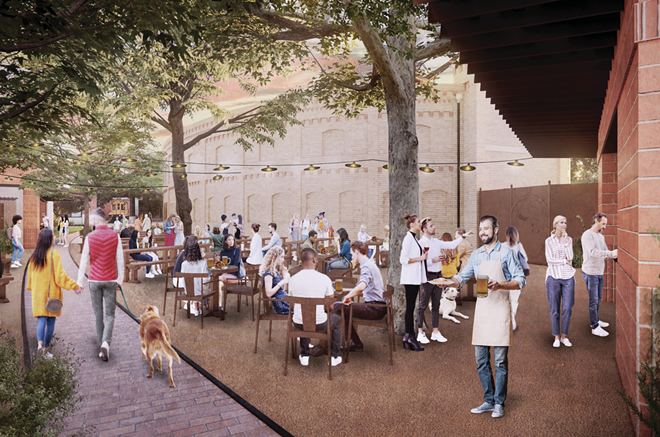 The Stable Hall Biergarten was originally expected to open this spring. - Courtesy Rendering / Clayton Korte