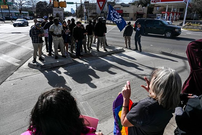 Anti-drag protesters outside BuzzBrews in Dallas on Jan. 14. - Texas Tribune / Leila Saidane