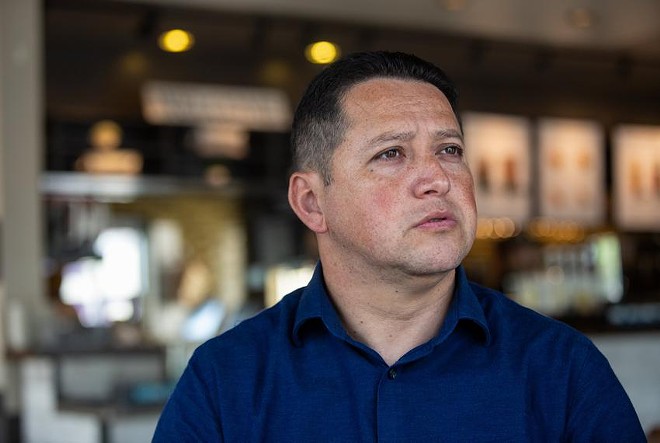 District 23 Rep. Tony Gonzales speaks with a reporter at a Starbucks in San Antonio on Aug. 24, 2022. - Texas Tribune / Kaylee Greenlee Beal