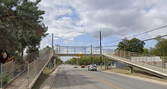 The Pedro Romero Pedestrian Bridge was built in 1978 so that children could safely cross Castroville Road on their way to Gardendale Elementary School. - Screen Capture / Google Maps