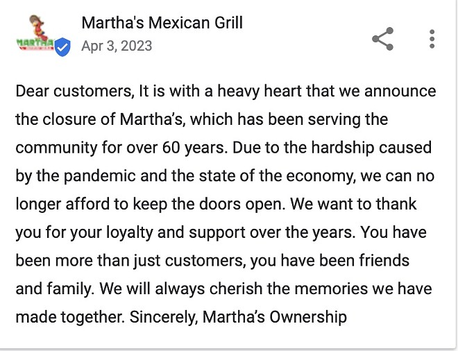 Martha's Mexican Restaurant took to its Google Business page to share the news of the closure. - Screen Capture /  Google Business