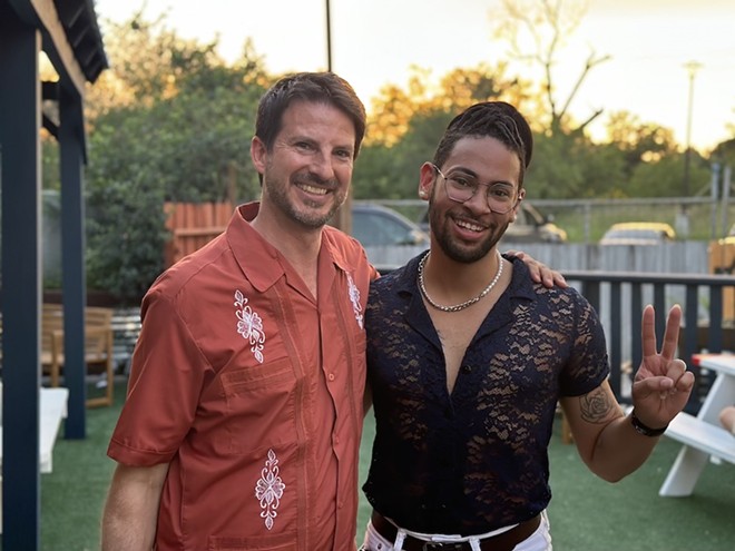 Councilman Mario Bravo and District 2 Councilman Jalen McKee-Rodriguez pose for a photo at Bravo's watch party at Backyard on Broadway. - Michael Karlis