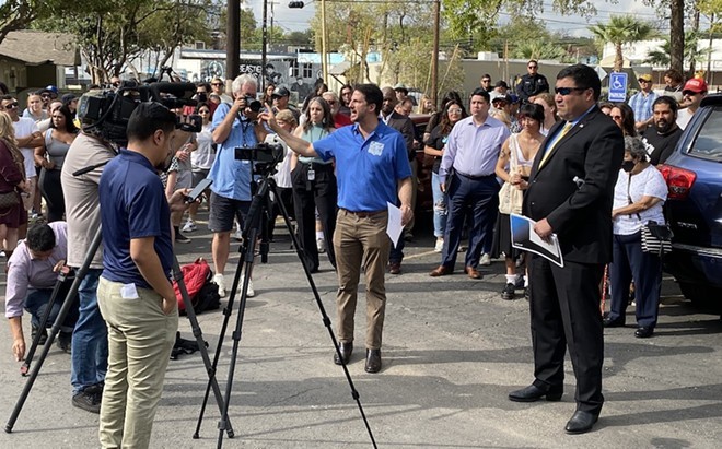Councilman Mario Bravo speaks to District 1 residents, business owners and workers during a contentious meeting last year on the St. Mary’s Strip. - Sanford Nowlin