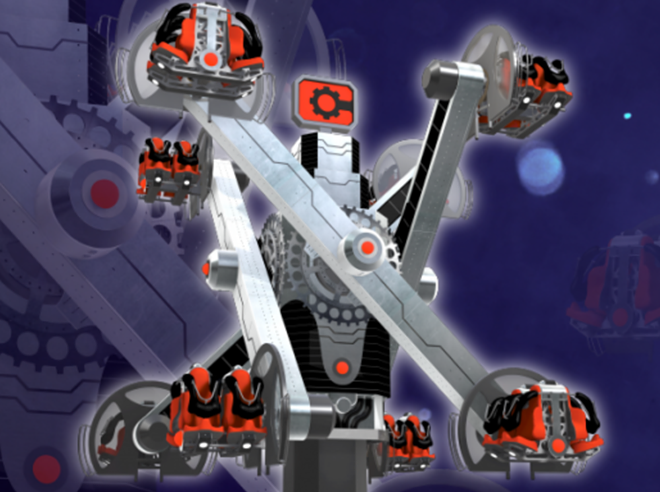 A rendering of Cyborg Cyber Revolution. The ride features four individual arms rotating in intermeshing orbits. Riders sit upright as the arms swing in a circular motion while the tower rotates around itself.