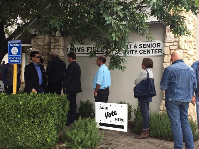 Voters waiting in line to cast their ballots at Lion's Field in San Antonio. - Sanford Nowlin