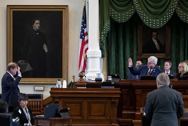 Darren McCarty, former deputy attorney general for civil litigation under Ken Paxton, is sworn in by Lt. Gov. Dan Patrick during the sixth day of Paxton’s impeachment trial on Sept. 12, 2023. - Texas Senate Media Services