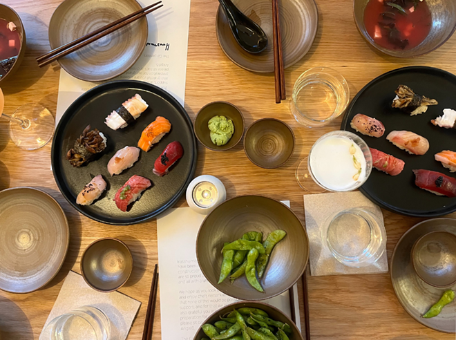 The restaurant's nigiri plate included akami tuna, kampachi (greater amberjack), hiramasa (yellowtail amberjack), toro (tuna belly) and oyster mushroom. - Brandon Rodriguez