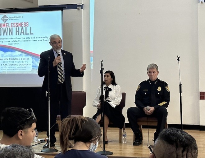 Bexar County District Attorney Joe Gonzales addresses the crowd at a recent public safety forum attended by SAPD Chief William McManus. - Michael Karlis