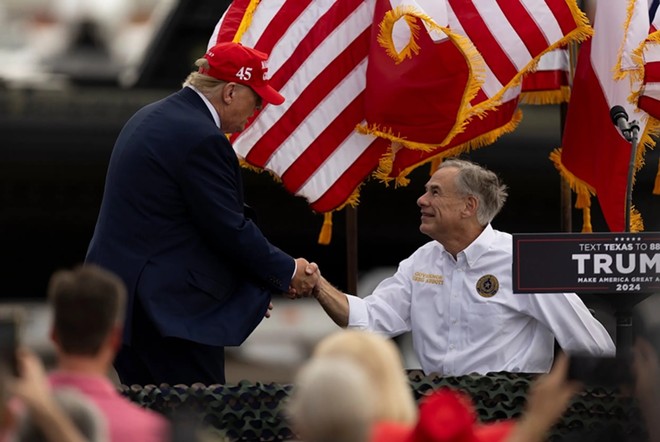Former President Donald Trump greets and shakes hands with Gov. Greg Abbott at the South Texas International Airport in Edinburg, on Nov. 19, 2023, after the governor announced that he was endorsing Trump. - Texas Tribune / Eddie Gaspar