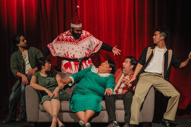 From left: Mason Anthony Ortiz, Miranda Valdez, Rey Valdez, Ruby Ruiz, Guillermo DeLeon and Esai Gomez star in It's a Wonderful Vida. - Courtesy Photo / Teatro Audaz