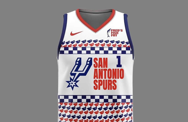 San Antonio artist Adrian Galvan, who created a Fred's Fish-inspired Spurs jersey and signed a licensing agreement with Wade and Williamson, is being sued by by the fast food chain for copyright infringement. - Adrian Galvan