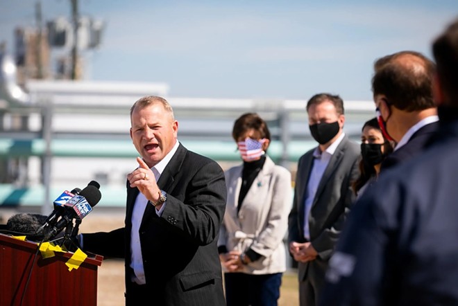 U.S. Rep. Troy Nehls, R-Richmond, speaking during a press conference at the Houston Ship Channel on Feb. 2, 2021. - Texas Tribune / Annie Mulligan