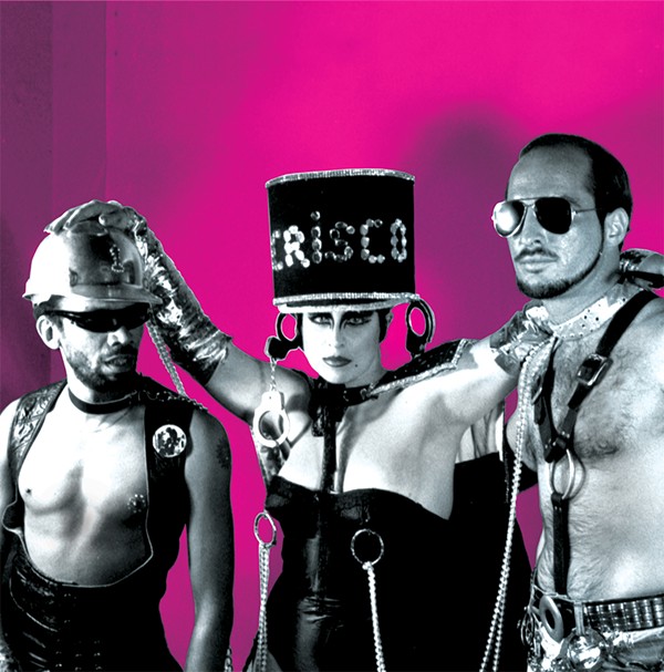 H.M. Jeanie Pancakes as Queen of the Leather Scene, accompanied by Sterling Houston and John Dimler, 1982 (courtesy of the Institute of Texan Cultures)