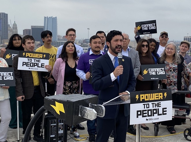 U.S. Rep. Greg Casar speaks during Thursday's news conference promoting a bill to connect Texas' power grid with the rest of the nation. - Sanford Nowlin