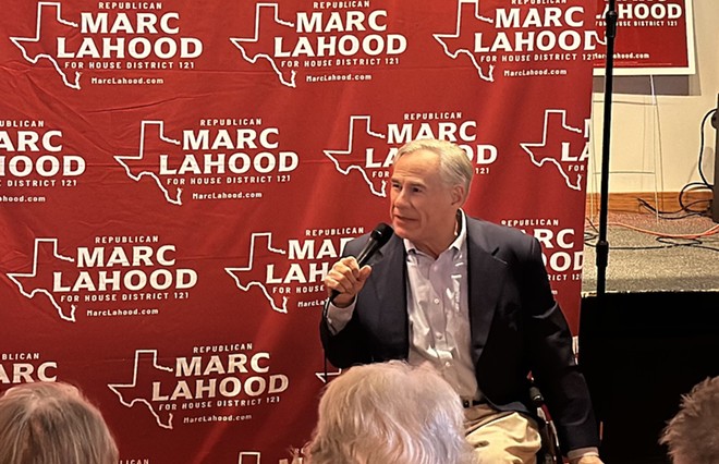 Texas Gov. Greg Abbott rails against transgender athletes and crossdressing teachers during a rally in San Antonio this month. - Michael Karlis