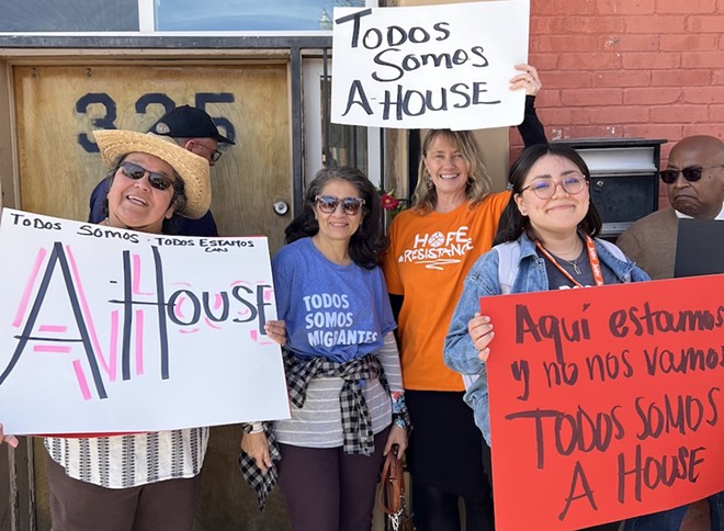 Members of the Hope Border Institute last month stage a protest against Ken Paxton's attempts to investigate El Paso migrant shelter Annunciation House.