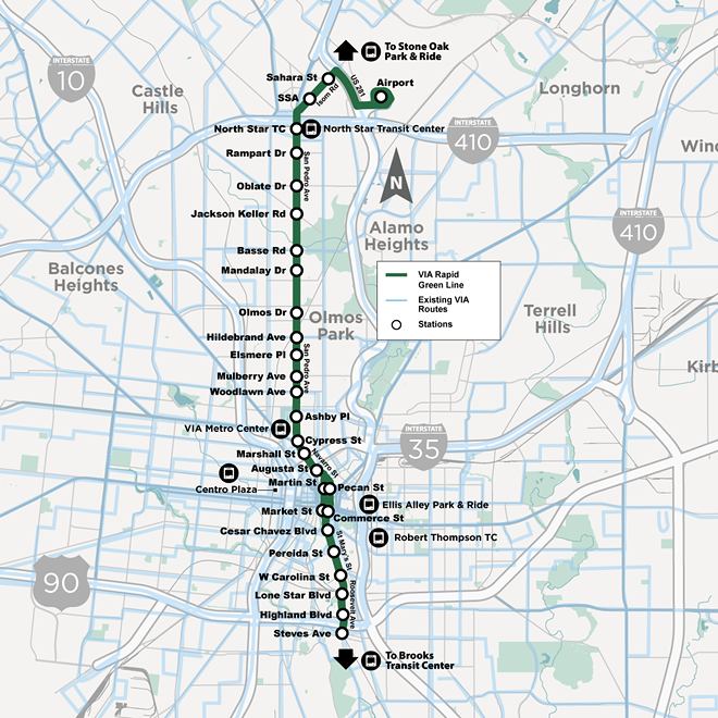 A map shows the VIA Green Line's proposed north-south route. - Courtesy Image / VIA Metropolitan Transit