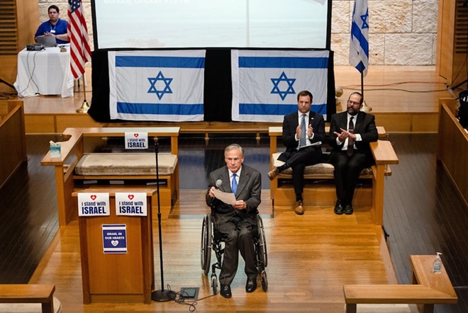 Gov. Greg Abbott attends a community gathering in support of Israel at the Congregation Agudas Achim in Austin on Oct. 9, 2023. - Texas Tribune / Evan L'Roy