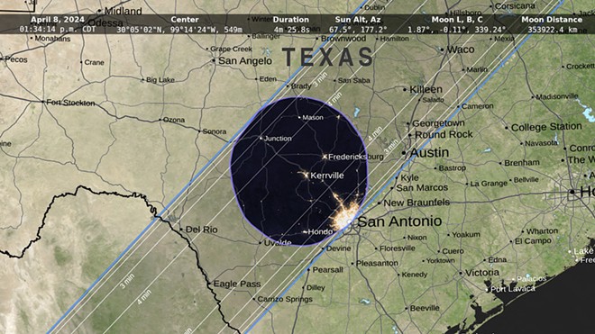 The path of totality of the April 2024 solar eclipse will cross over the Hill Country and a portion of San Antonio. - NASA's Scientific Visualization Studio