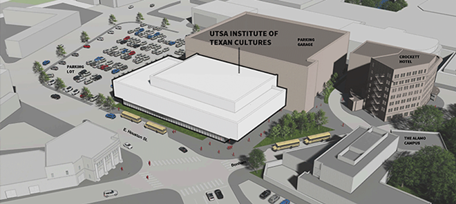 An artist's rendering shows a potential relocation site for the museum near downtown's Crockett Hotel. - Courtesy Image / UTSA