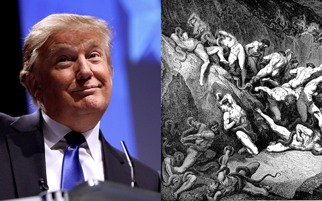 At left: Serial liar Donald Trump; at right: liars attacked by serpents in Dante's eighth circle of Hell. - Wikimedia Commons / Gage Skidmore (left) and Pantheon Books edition of Divine Comedy (right)