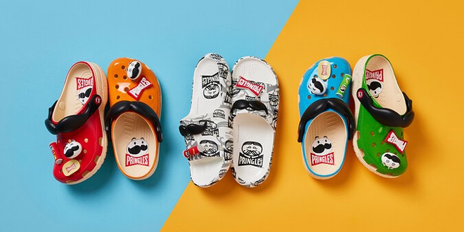 On offer are classic Crocs clogs and a pair of slides, all with plastic mustaches. - Courtesy Photo / Pringles x Crocs