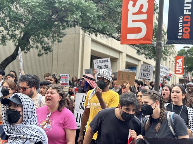 Around 150 protesters marched through UTSA's campus Wednesday to call for a ceasefire in the Israel-Hamas conflict. - Michael Karlis