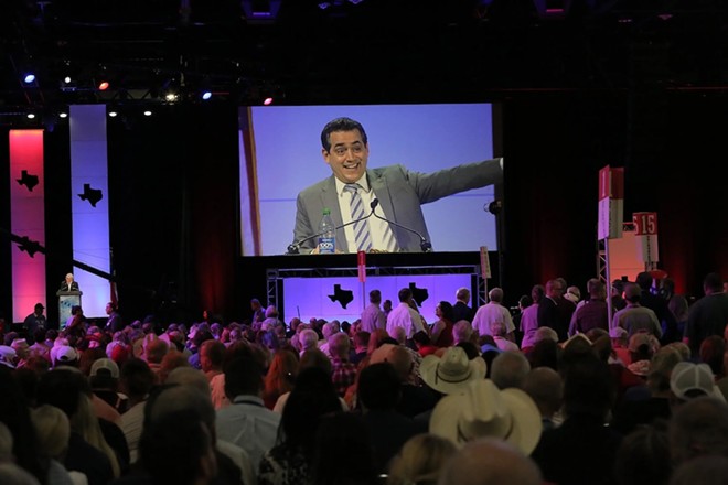 Outgoing Republican Party of Texas Chairman Matt Rinaldi gives voting directives during the 5th General Meeting of the 2022 Texas State Republican Convention on June 18, 2022. - Texas Tribune / Briana Vargas