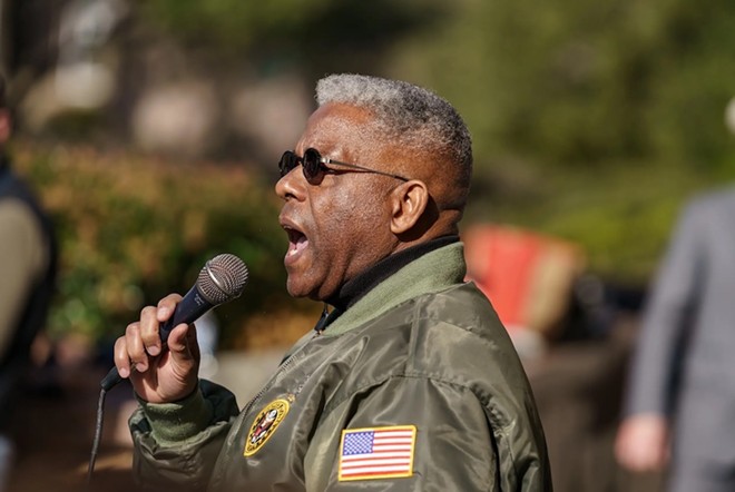 Former state GOP Chairman Allen West speaks at a Texas Republican Party rally on the east side of the Capitol Grounds on January 9, 2021. - Texas Tribune / Jordan Vonderhaar