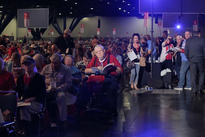 Delegates listened to proposed amendments to the legislative priority list during the 5th General Meeting of the 2022 Texas State Republican convention on June 18, 2022. - Texas Tribune /Brianna Vargas