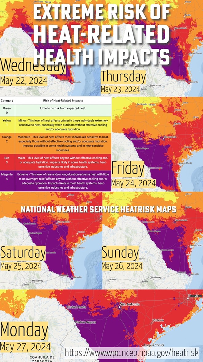 Extreme Risk of Heat Related Impacts for Wednesday, May 22, 2024, through Monday, May 27, 2024. - Deceleration Graphic / NOAA HeatRisk maps