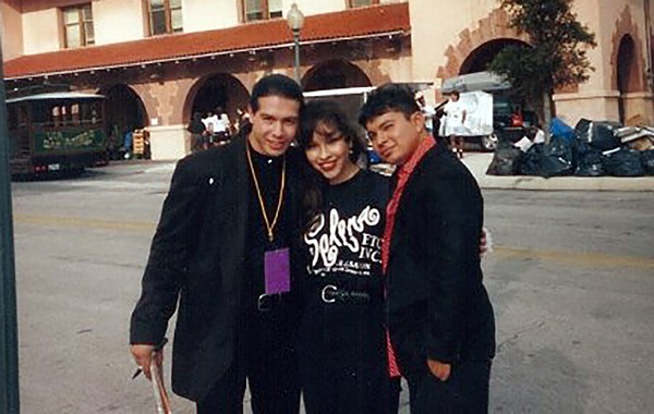SA native Lupe Moreno with actors Jon Seda (left) and Jacob Vargas (right) at Sunset Station during shooting for the 1997 biopic Selena. Moreno, who auditioned for the title role, was instead hired as a stand-in and photo double for Jennifer Lopez. - Lupe Moreno