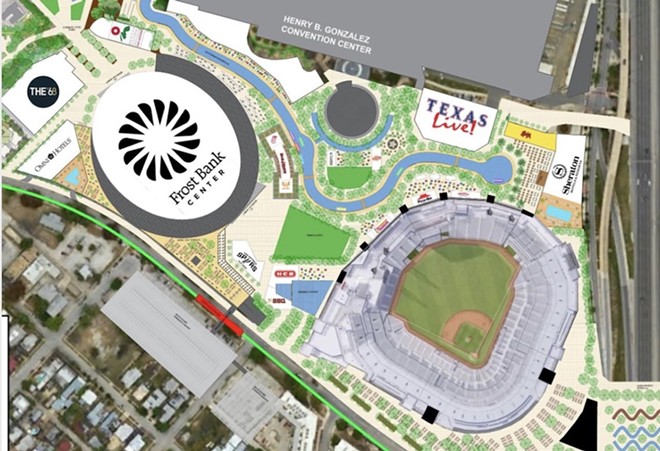 A rendering of a hypothetical Spurs, Missions sports district at Hemisfair went viral on social media earlier this year. - X / @MR_COMMON_5ENSE