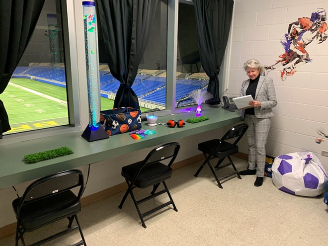 The Alamodome's Michelle Brady looks over the stadium's sensory room, which can provide relief for people on the autism spectrum. - Courtesy Photo / Alamodome