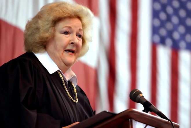 U.S. District Judge Janis Jack administers the U.S. oath of citizenship to more than 100 area residents representing 25 countries in 2008 aboard the USS Lexington. Jack was the first woman federal judge to serve in Texas south of San Antonio. July 5, 2008. - Courtesy of Todd Yates / Corpus Christi Caller-Times